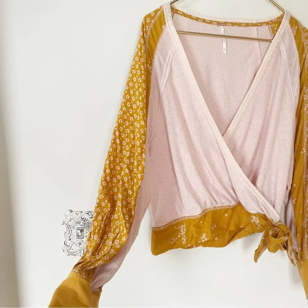 Free People Auxton Floral Thermal Wrap Top  in Light Pink and Mustard S - Picture 5 of 10